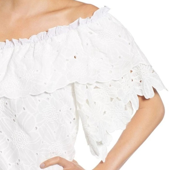 KAS New York Dulia White Floral Eyelet Lace One Shoulder Blouse, Sz S/M - Picture 2 of 14